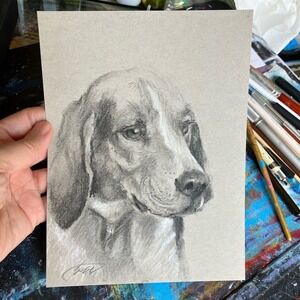 Original Painting Beagle dog Art charcoal pastel Dogs artwork Ooak Artettina USA